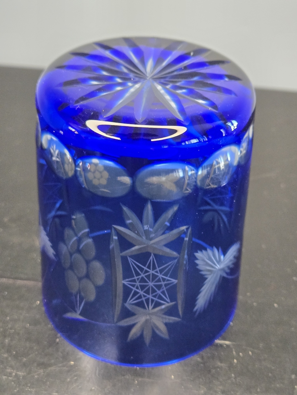 Whiskey Glass 4" Bohemian Style Cobalt Blue Cut to Clear Crystal/Glass